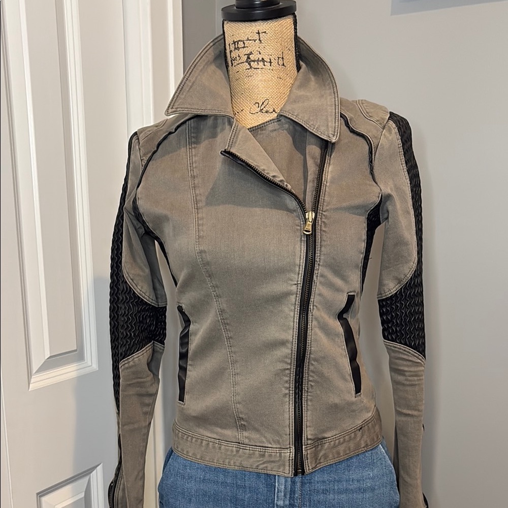 Blank NYC Olive Grey and Black Moto Jacket with Fitted Silhouette